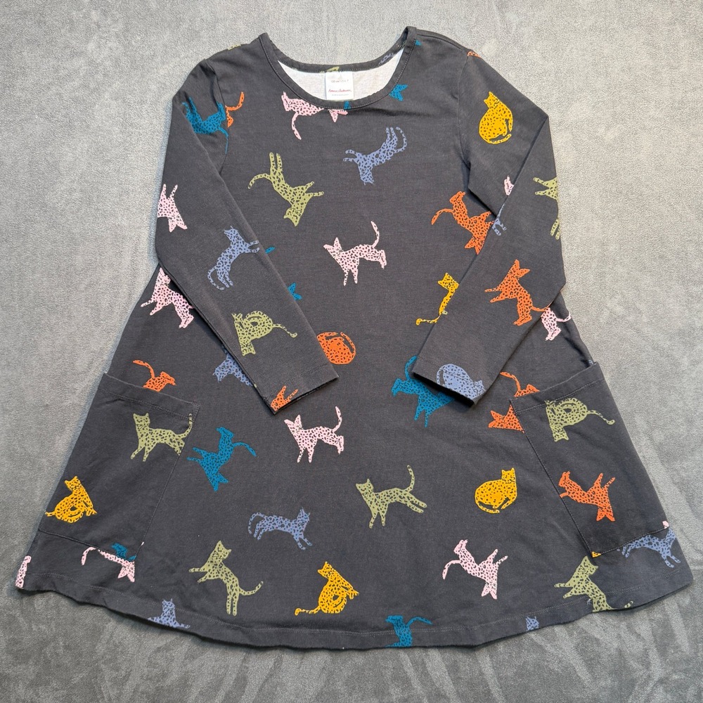 Hanna Andersson Girls Cat Print Long Sleeve A-Line Dress Size 6-7 120cm Cotton
